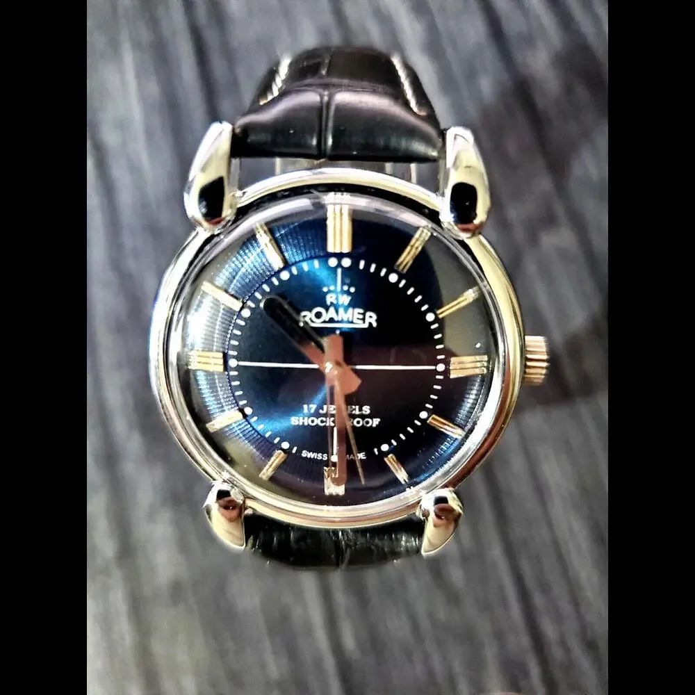 Rare Roamer Brevete Swiss Mens Manual Watch Slv Blu‎ Blk
